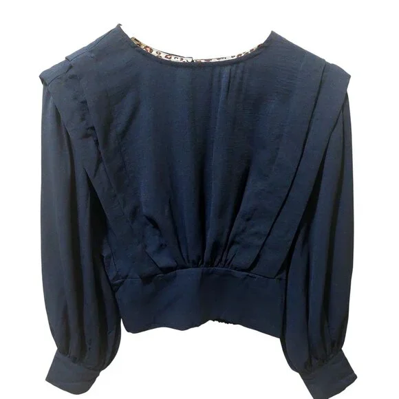 NWT Umgee Navy Solid Defined Shoulder Crepe Blouse~Long Sleeve - Picture 3 of 10